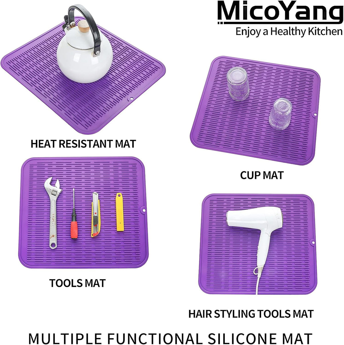 Silicone Dish Drying Mat for Multiple Usage,Easy clean,Eco-friendly,Heat-resistant Silicone Mat for Kitchen Counter or Sink,Refrigerator or Drawer Liner Purple XL 18 inches x 16 inches