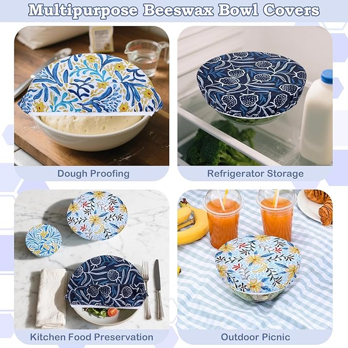 5-Size Reusable Beeswax Bowl Covers for Bread Proofing, Cotton Cloth Flexible Beeswax Wraps for Food Storage(Blue Floral)