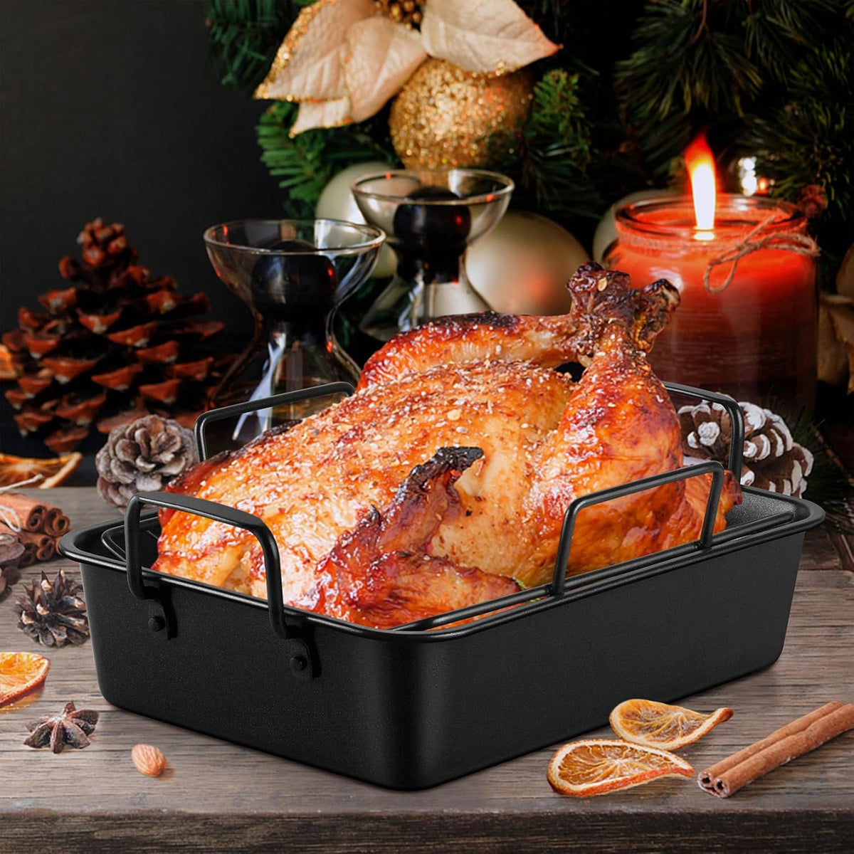 P&P CHEF 14" Roaster Roasting Pan with Baking Rack and V-shaped Rack, Stainless Steel Rectangular Lasagna Pan with Handles for Turkey Chicken, Healthy & Dishwasher Safe, 3 Pieces, Black