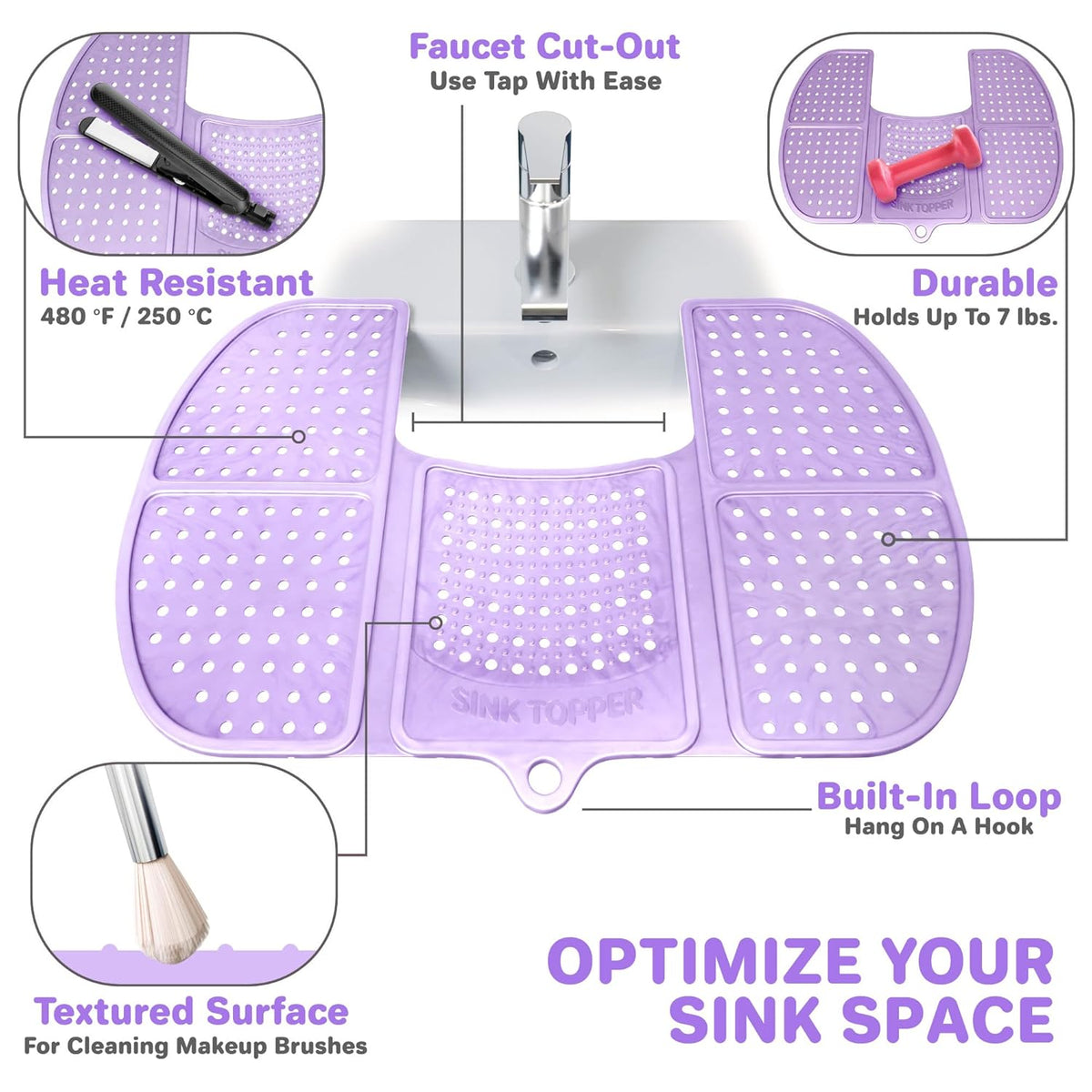 Sink Topper Bathroom Counter Cover & Storage Saver, Foldable Silicone Mat for Hot Tools, Hair Styling & Makeup, Beauty Brush Cleaning Mat, RV Camper Sink Cover & for Small Spaces (Large Lavender)