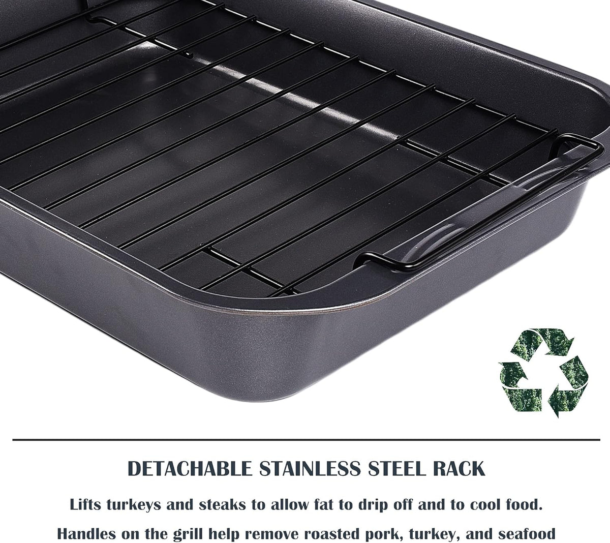 kitCom Bakeware Nonstick Roaster, Nonstick Roasting Pan with Rack, Great For Roast Chicken, Roasts And Turkeys - 15 Inch x 11 Inch (5.8 QT), Gray