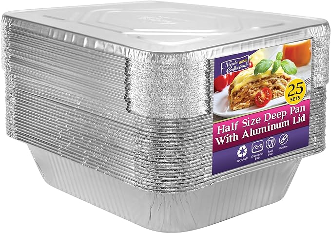 Nicole Home Collection Aluminum Pans With Lids Half Size 9x13 Extra Heavy Duty, Disposable Foil Pans For Baking (25 Sets)