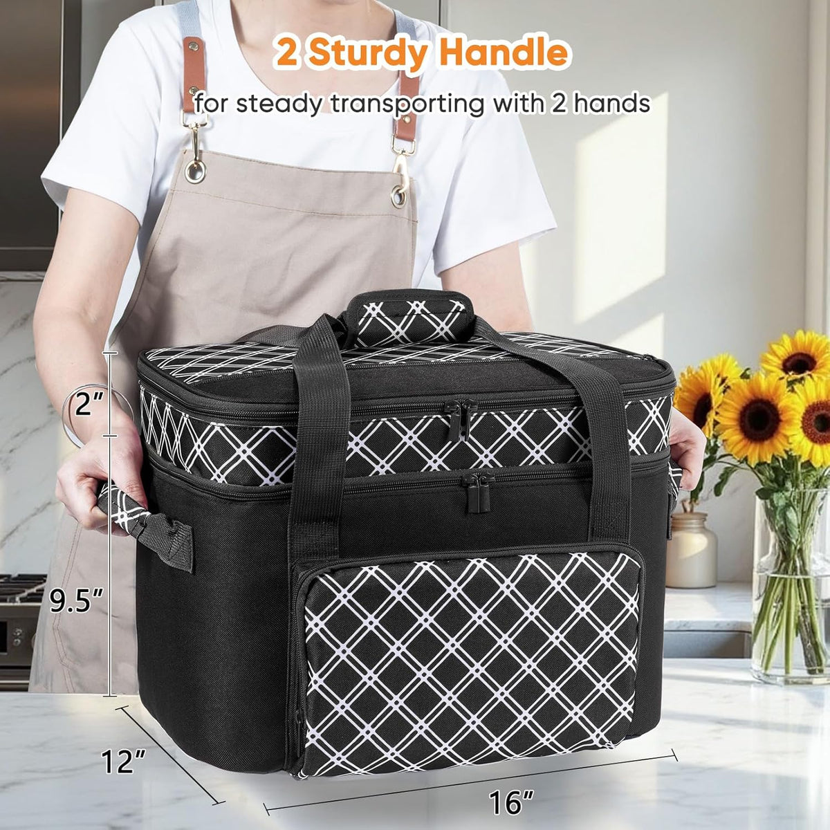 Double Layer Slow Cooker Carrier Bag – Fits 6–8 Qt Oval Slow Cooker Compatible with CrockPot & Hamilton Beach | Insulated Travel Tote with Utensil Storage & Adjustable Straps