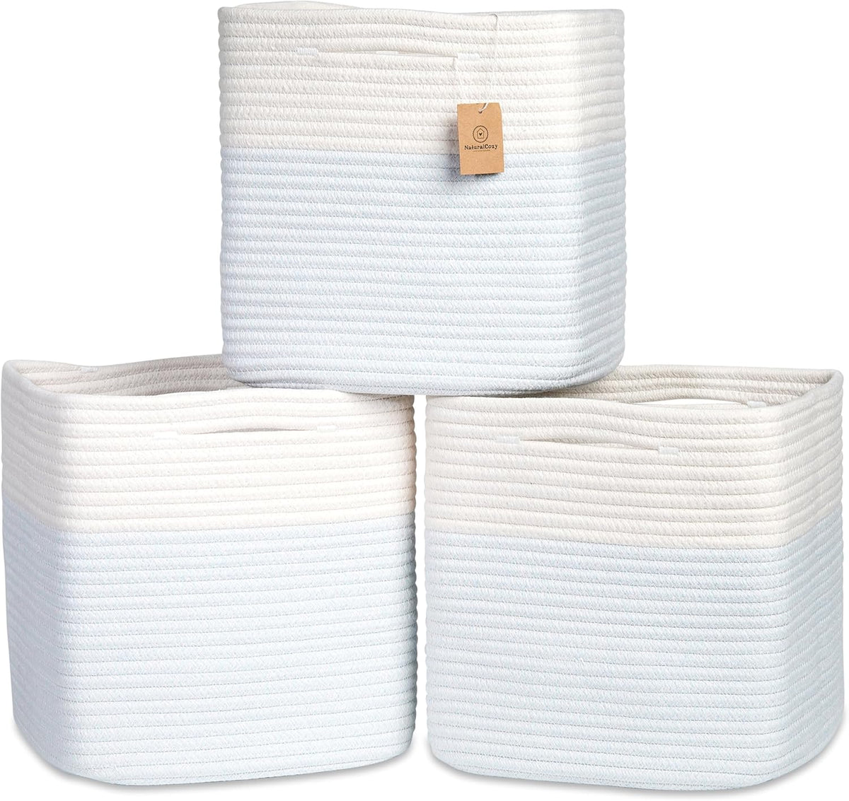 NaturalCozy 13 Inch Cube Storage Bins Cotton Rope Woven Baskets for Organizing 3-Pack | 13 x 13 Storage Cubes | Fabric Square Storage Baskets for Shelves Organizer, Kids Toy Bins, Closet Baby Nursery