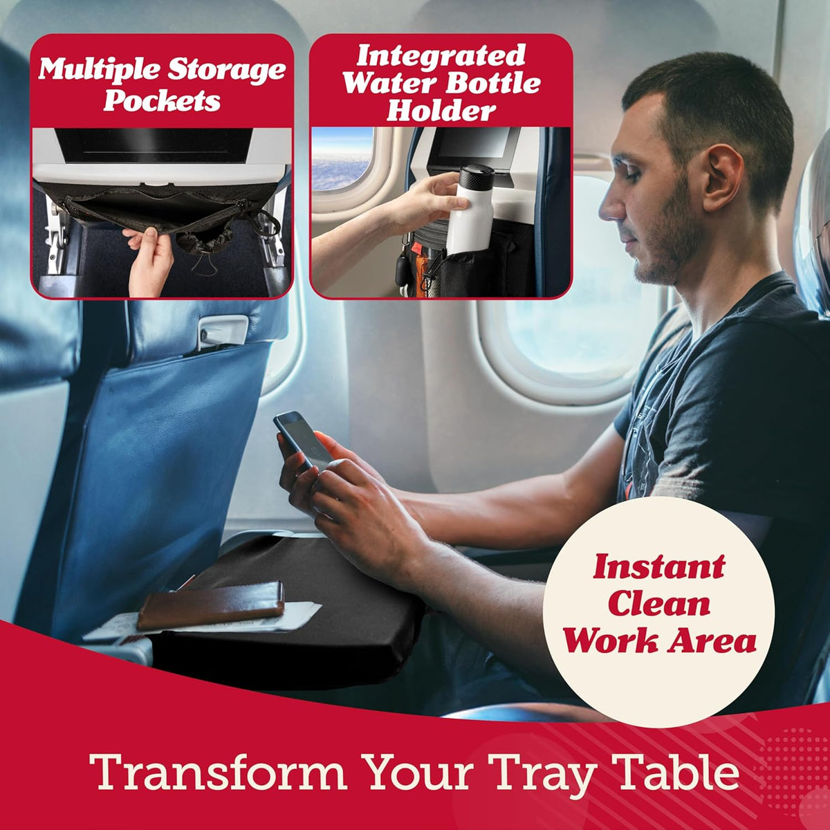 Lusso Gear Premium Black Airplane Tray Table Cover with 5 Compartments - Sanitary, Machine-Washable, Foldable - Black