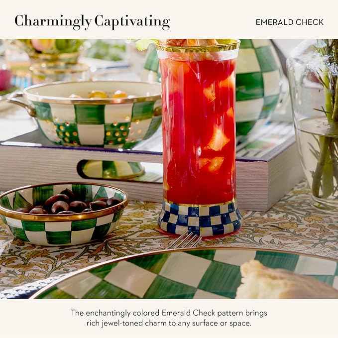 MACKENZIE-CHILDS Enamel Colander, Decorative Kitchen Strainer, Small, Green-and-White Emerald Check