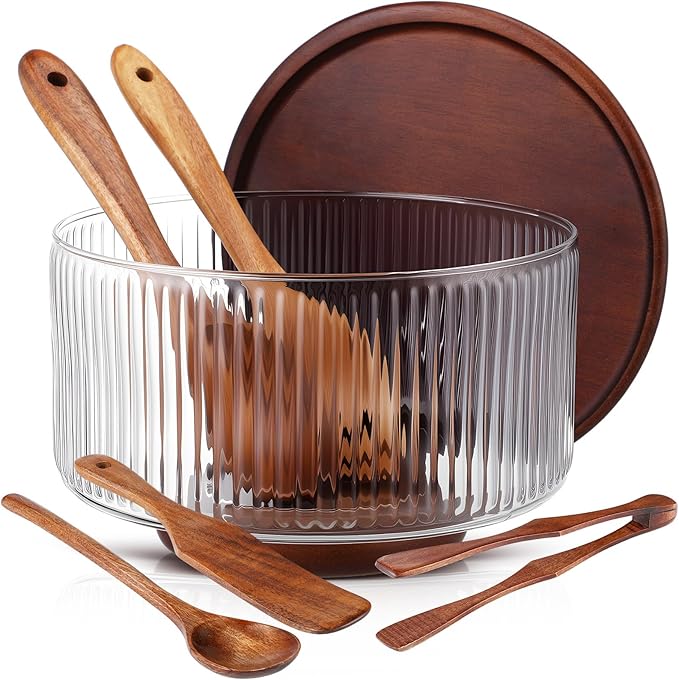 Large Ribbed Glass Salad Bowl Set, Party Salad Bowl with Wood Base and Lid as Cheese Charcuterie Board and Plate, Comes with 5 Pieces of Elegant Wood Serving Utensils