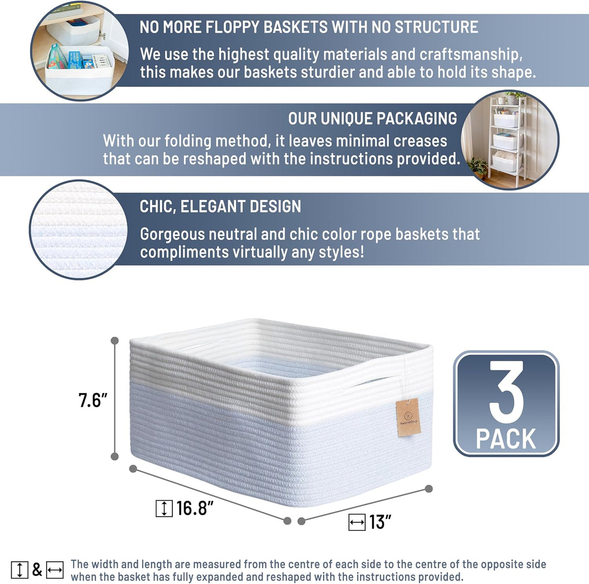 NaturalCozy Storage Baskets 16.8”x13”x7.6” Cotton Rope Woven Baskets for Organizing 3-Pack | Toy Storage Bins | Basket for Shelves, Laundry, Blanket, Clothes, Closet, Kitchen, Bathroom, Gifts