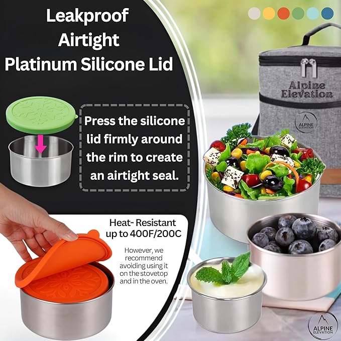 12 Pcs - 6 Stainless Steel Containers + 6 Silicone Lids | 304 Stainless Steel Snack Container | Nesting Snack and Dip Containers | Metal Food Storage
