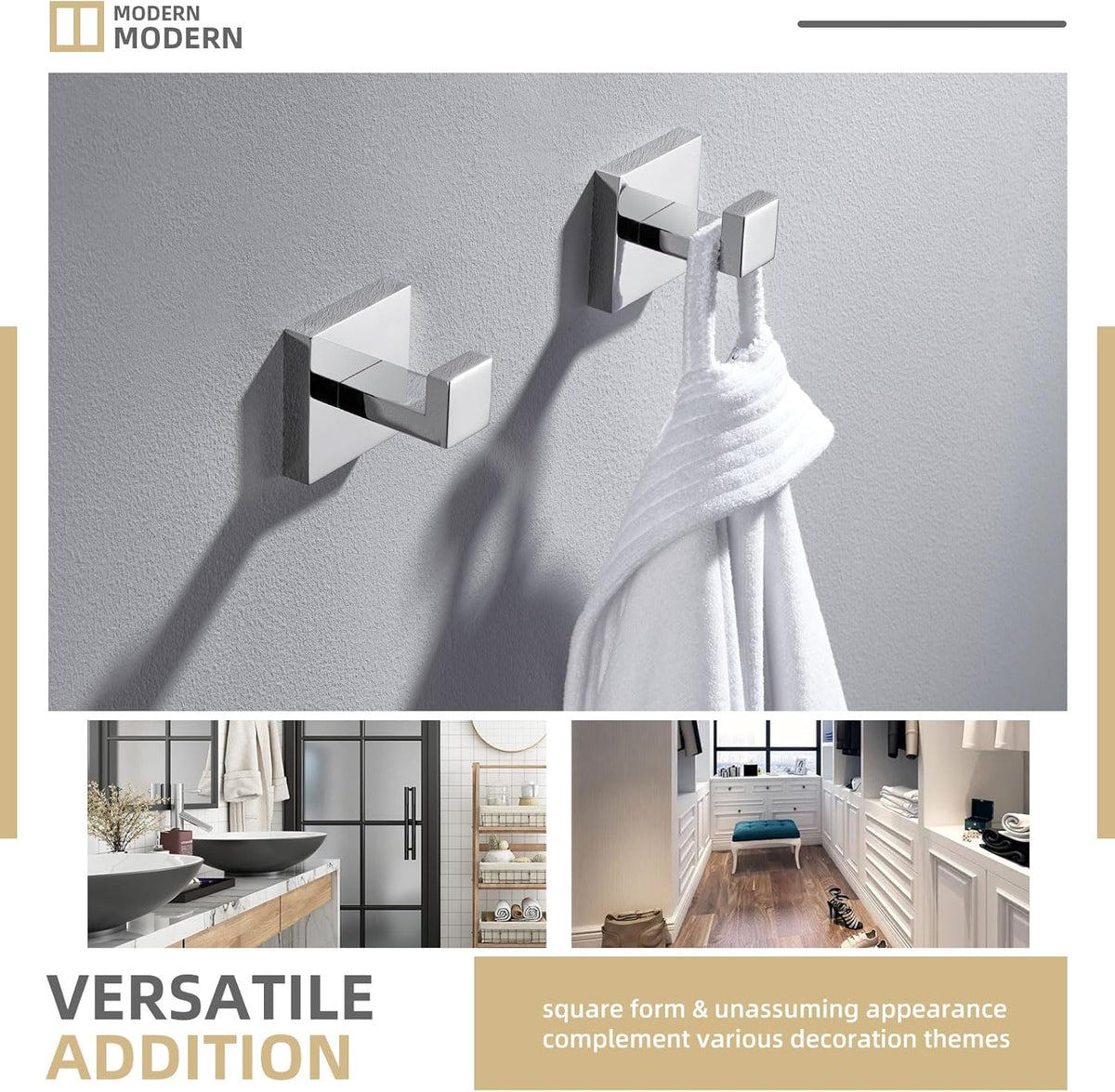 Angle Simple Towel Hooks, SUS 304 Stainless Steel Bathroom Towel Hooks, Wall Robe Coat Hanger, Polished Chrome, 2 Pack