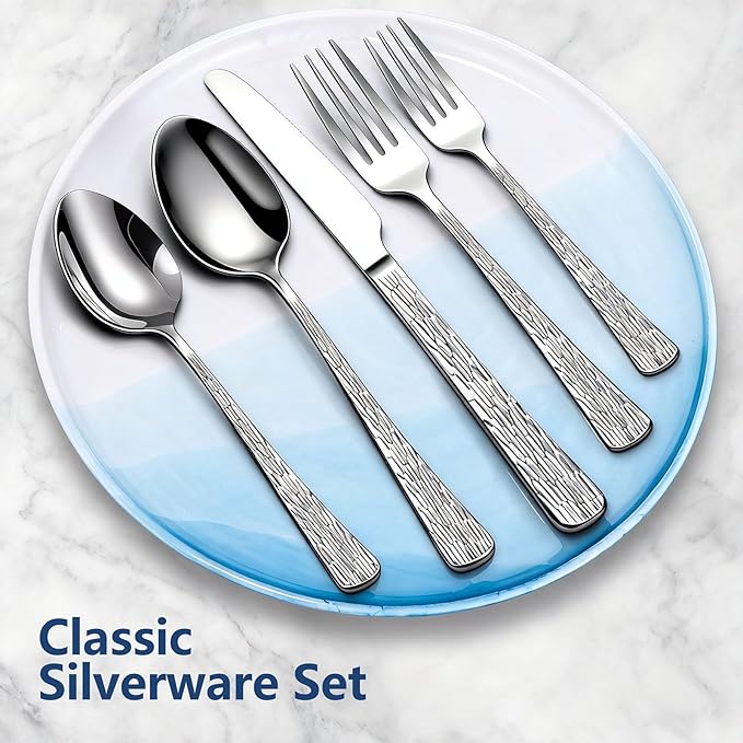 Yoehka 60-Piece Hammered Silverware Set for 12, Stainless Steel Flatware Set with Tree Pattern Handles, Mirror Polished Cutlery/Utensils Set for Home, Restaurant, Hotel, Dishwasher safe