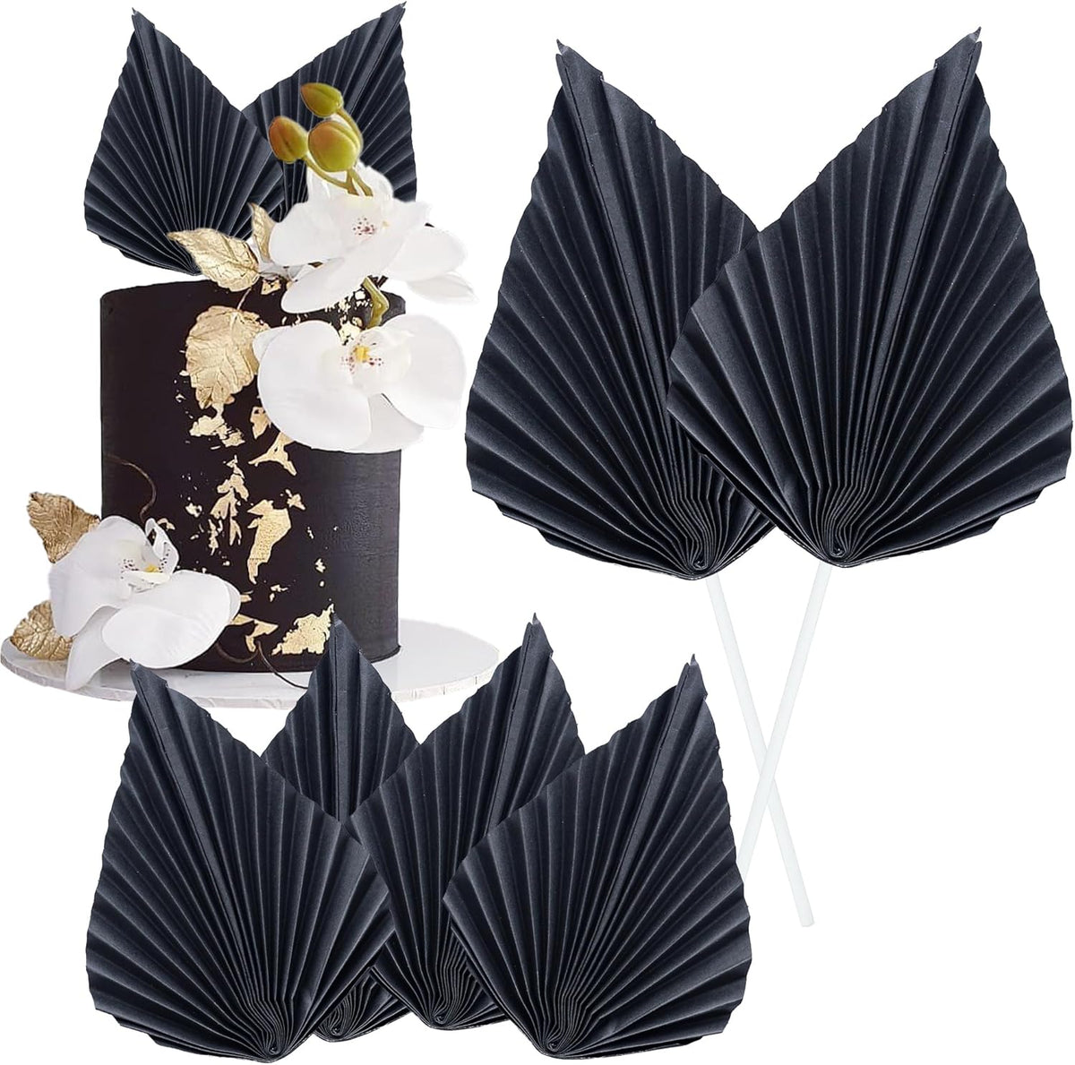Gyufise 6Pcs Paper Palm Fan Cake Toppers Palm Spear Leaves Fan Cupcake Toppers Cake Insert Decorations Craft DIY Cake Bakeware Decoration for Birthday Party Wedding Party Decor Supplies Black