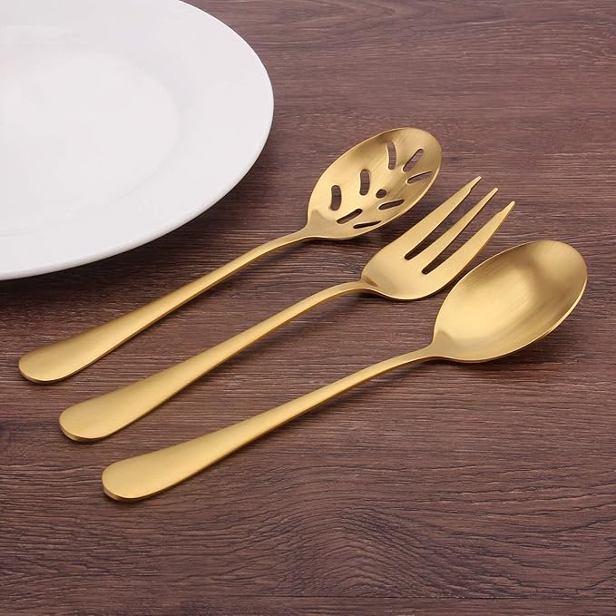 Matte Gold Serving Set，SHARECOOK 5-Piece 18/0 Stainless Steel Large Hostess Set with Round Edge, Satin Finished, Dishwasher Safe -Spoons, Forks,Butter Knife& Slotted Spoon
