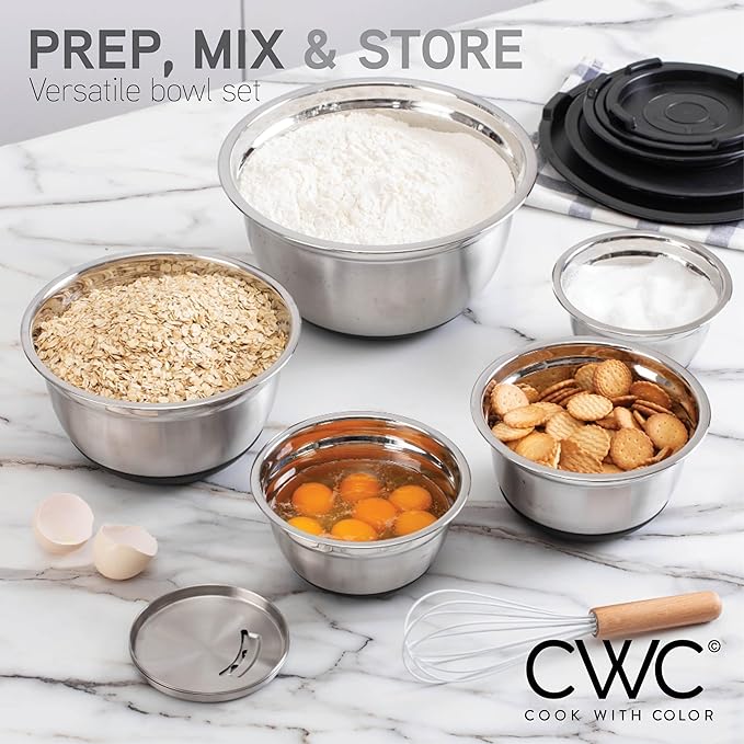 COOK WITH COLOR Stainless Steel Mixing Bowls Set with Lids - Nesting Bowls with Non-Slip Bottom, Silver, 22 Pieces