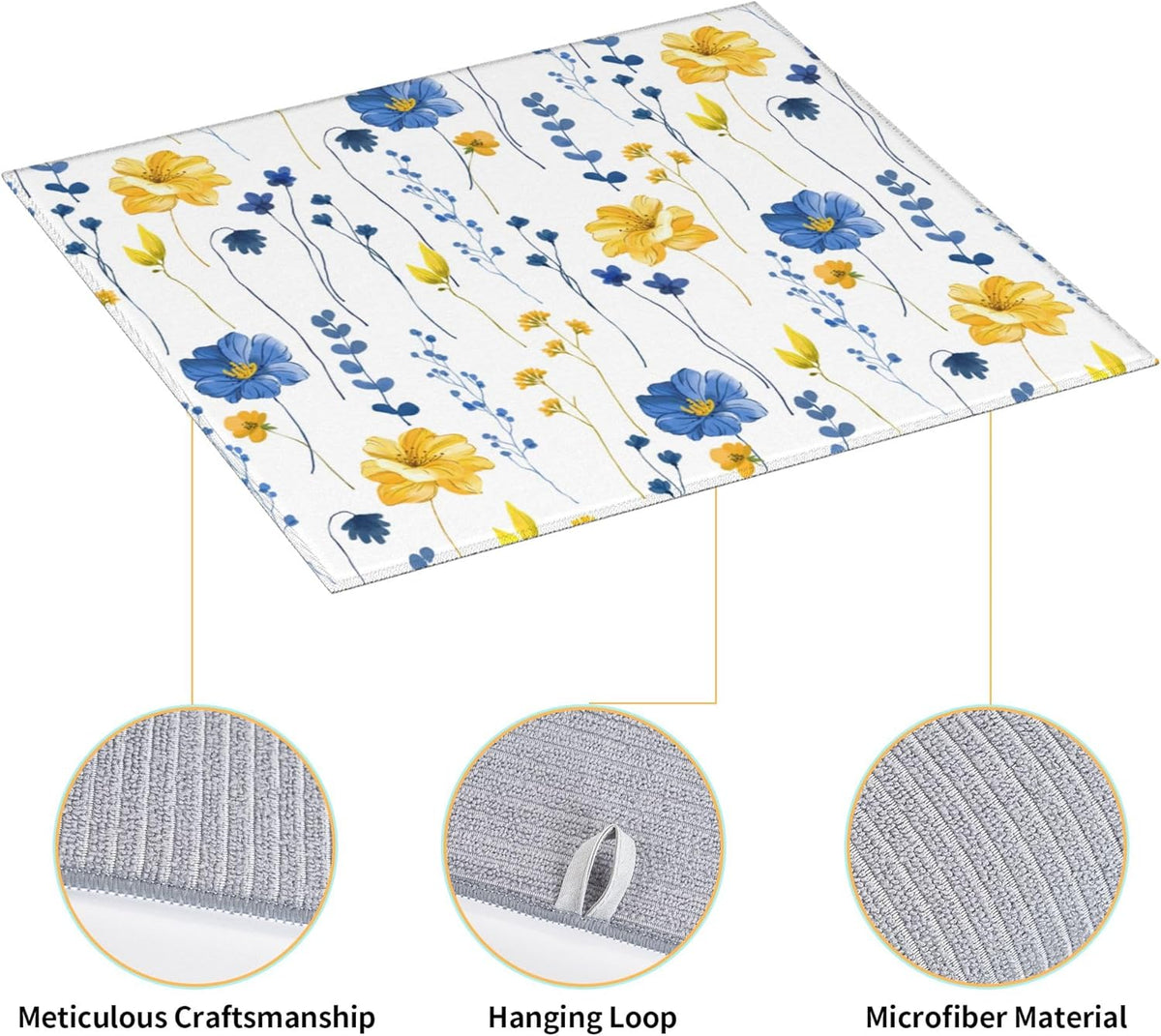 Navy Blue Yellow Flower Dish Drying Mat for Kitchen Counter Watercolor Floral Decorative Dish Drainer Rack Mats 16"x18" Absorbent Reversible Drying Pad