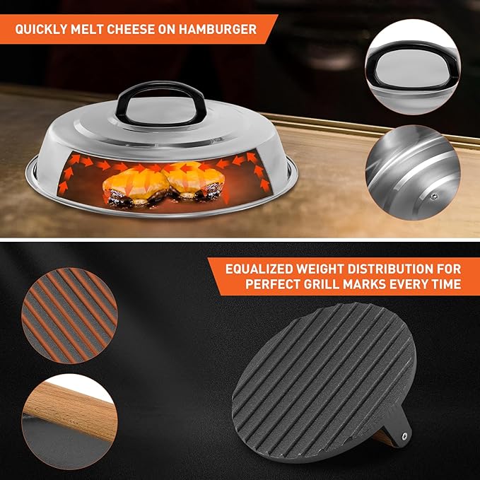 BBQ Accessories 12 Inch Round Stainless Steel Basting Cover - Cheese Melting Dome Round Cast Iron Grill Press Kit for Hamburger Bacon Steak, Best fits for Blackstone Camp Chef Flat Top Griddle Grill
