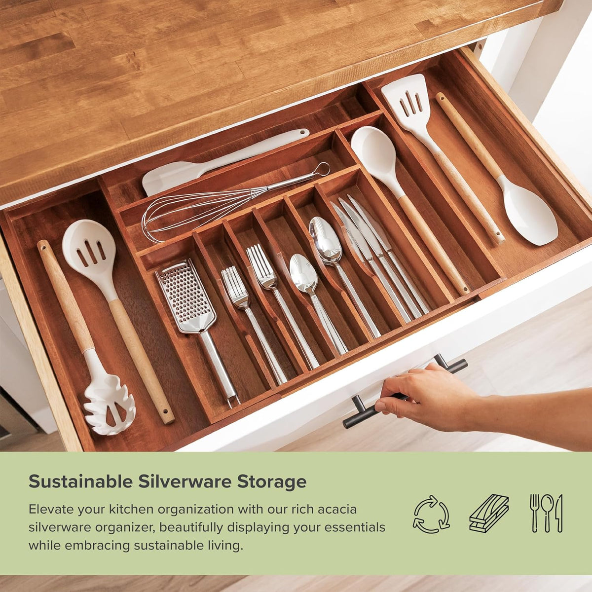 KitchenEdge Premium Silverware, Flatware and Utensil Organizer for Kitchen Drawers, Food-Safe Contract Grade, Expandable from 18 to 33 In, Natural Acacia