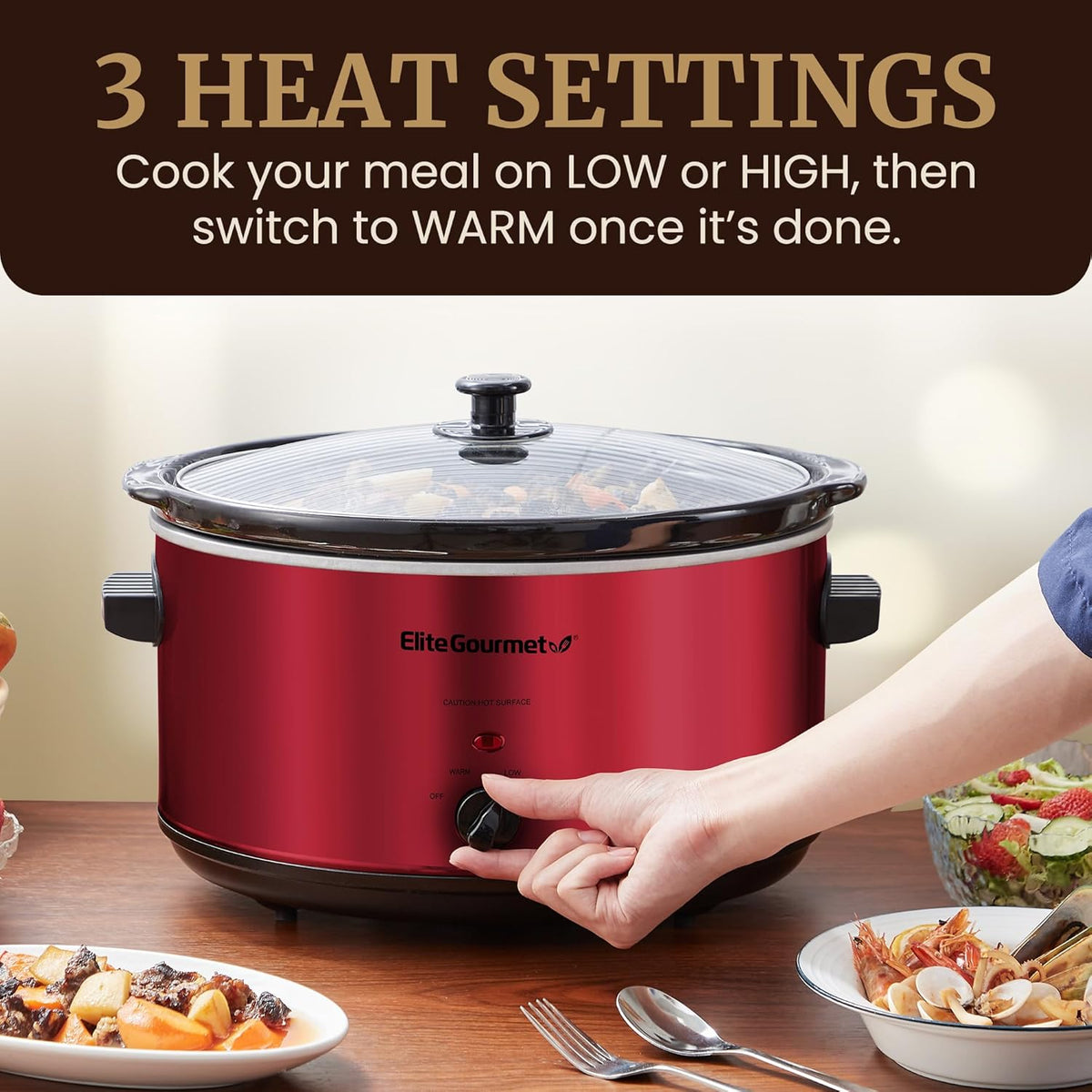 Elite Gourmet MST-900RXT# Electric Ceramic XL Jumbo Slow Cooker, Adjustable Temp, Entrees, Sauces, Stews & Dips, Dishwasher Safe Glass Lid & Crock, 8.5Qt, MetallicRed
