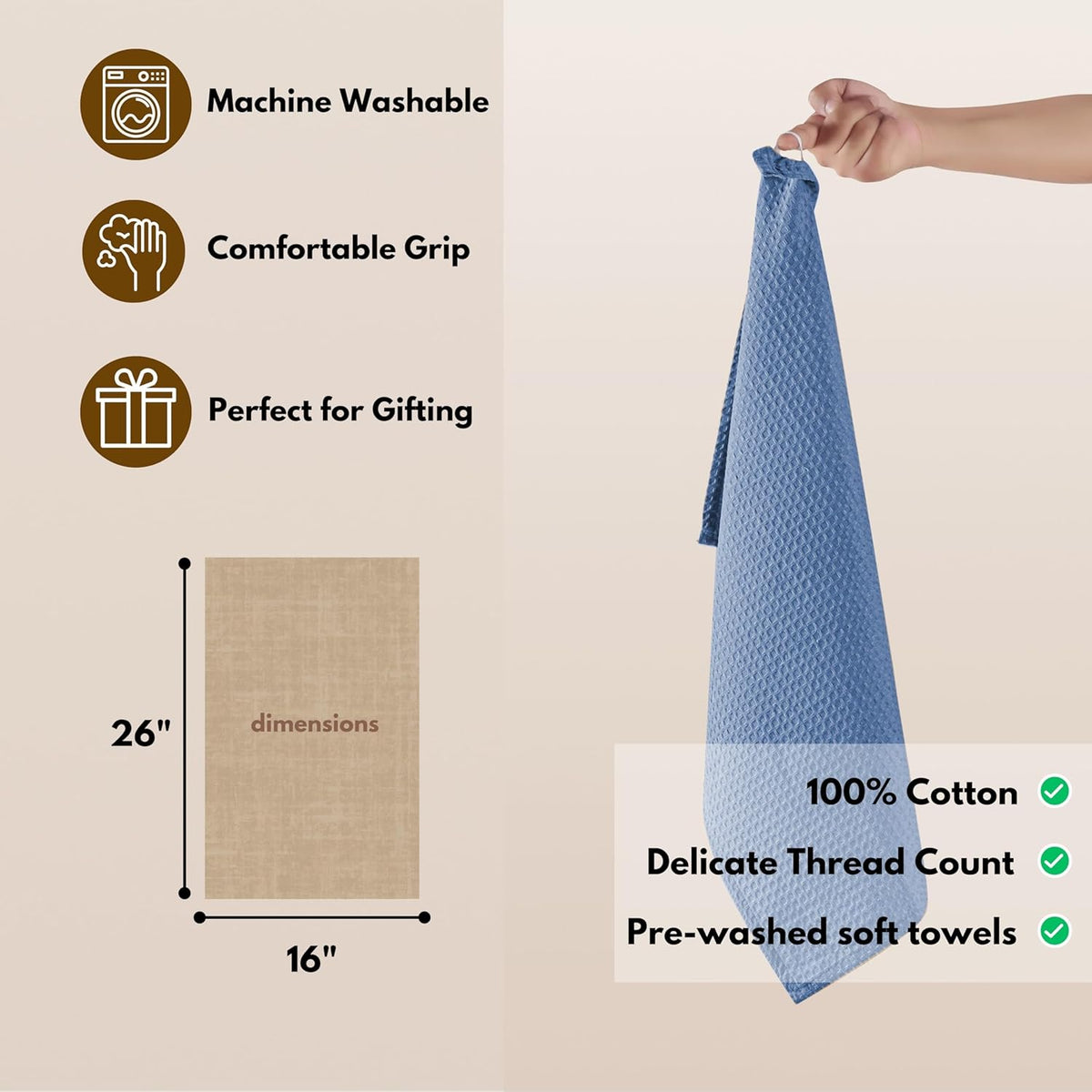 Native Fab Cotton Kitchen Towel with Hanging Loop 16x26 inches, 4-Pack, Waffle Weave Kitchen Towels for Cleaning Drying, Washcloths Soft & Absorbent Cloth Rags, Bar Towel, Dish Cloth, Sky Blue