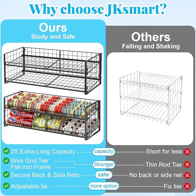 2-Tier Stackable Can Organizer for Pantry, Adjustable Extra-Long Can Rack for Pantry Shelf Organizer and Storage, Sturdy Standing Can Holder for Canned Soup Food Goods Storage up to 64 Cans, Black