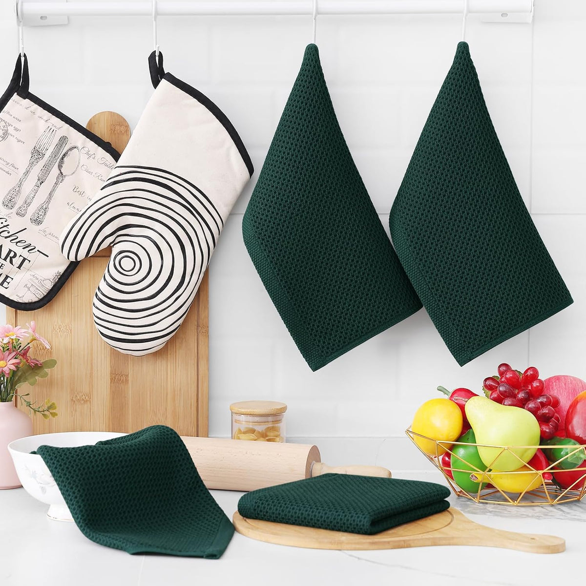 Homaxy 100% Cotton Waffle Weave Kitchen Dish Towels, Ultra Soft Absorbent Quick Drying Cleaning Towel, 13 x 28 Inches, 12-Pack, Blackish Green