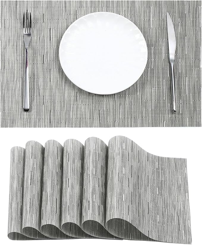 Leetaltree Silver Placemats Set of 6 - Heat Resistant Non-Slip Place mats for Dining Table, Washable Durable PVC Vinyl Woven Table Mats（Silver, 6）