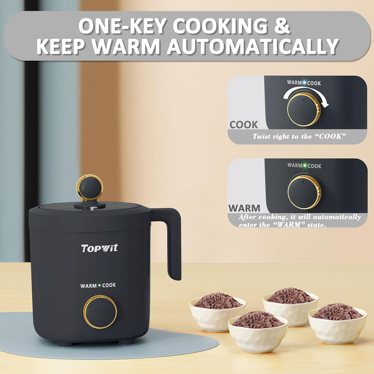 TOPWIT Rice Cooker Small, Mini Rice Cooker 2 Cups Uncooked, 1.2L Portable Rice Maker with Non-stick Coating, BPA Free, One Touch & Keep Warm Function, Grey
