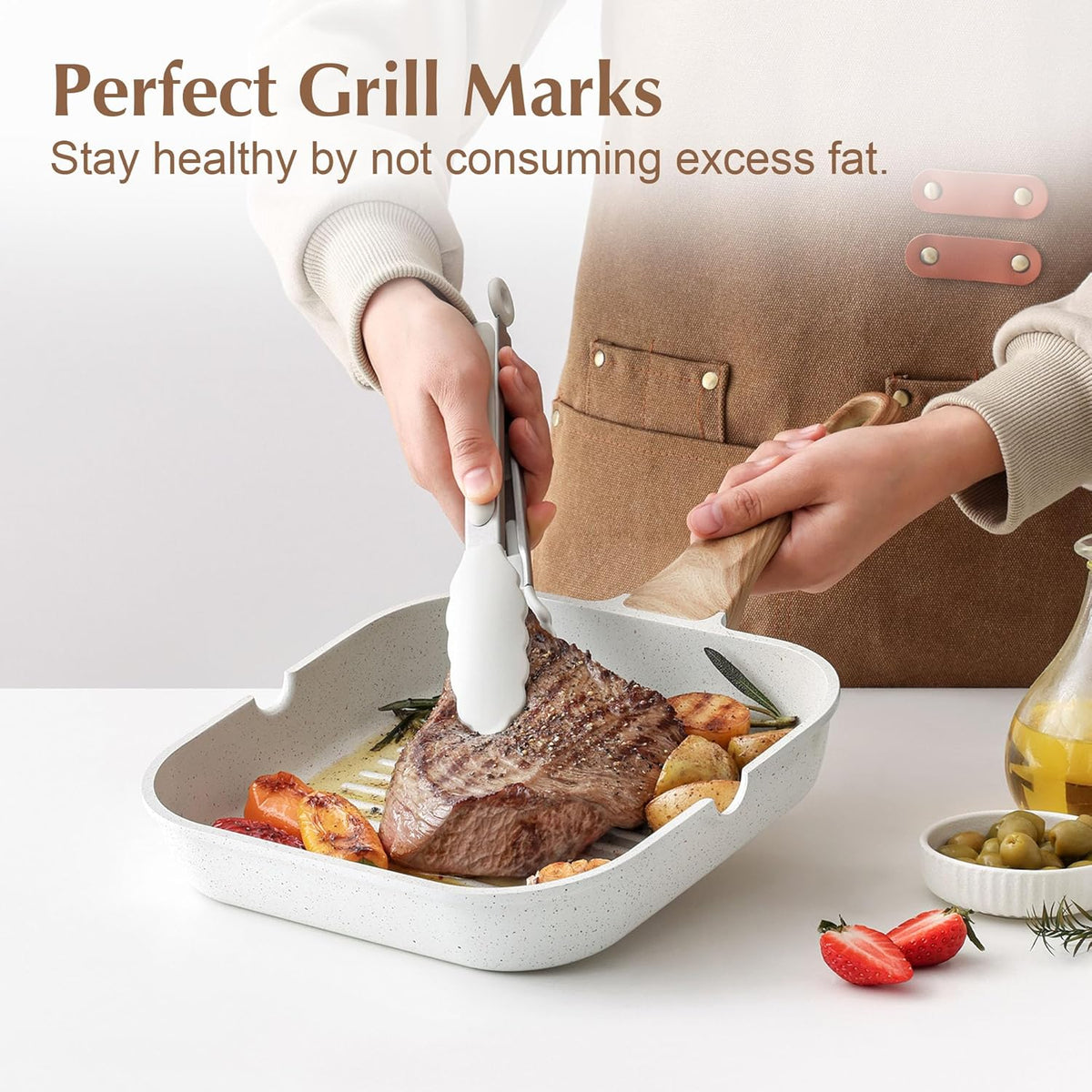 SENSARTE Nonstick Ceramic Grill Pan for Stove Tops, Square Grilling Pan with Pour Spouts, Non Toxic Durable Grill Skillet for All Stoves(Gas,Electric,Induction) PTFE,PFAS,PFOA Free, 12Inch (White)