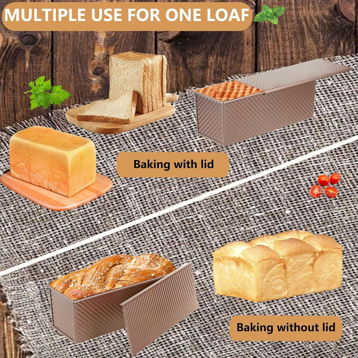 SS&CC Pullman Loaf Pan with Lid 2-Pack, 2.2lb & 1lb Carbon Steel Bread Pan for Homemade Sourdough & Sandwich Bread | Nonstick Bakeware, Heavy Duty & Easy Clean (Gold, 1lb+2.2lb)