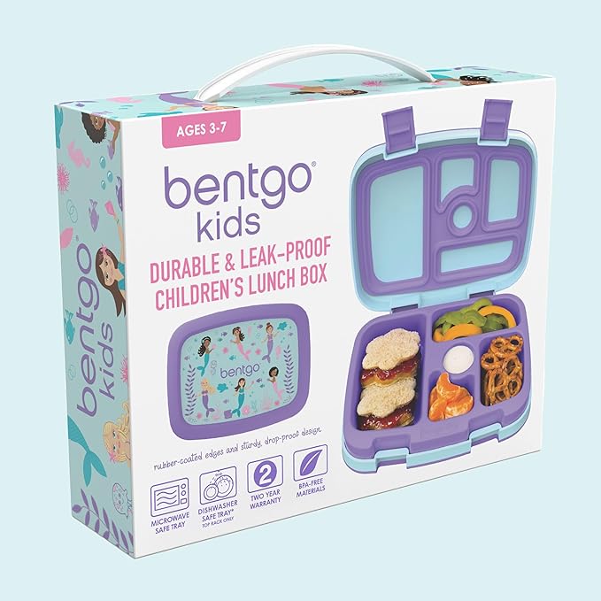 Bentgo Kids Prints Leak-Proof, 5-Compartment Bento-Style Kids Lunch Box - Ideal Portion Sizes for Ages 3-7, Durable, Drop-Proof, Dishwasher Safe, & PFAS & BPA-Free Materials (Mermaids in the Sea)
