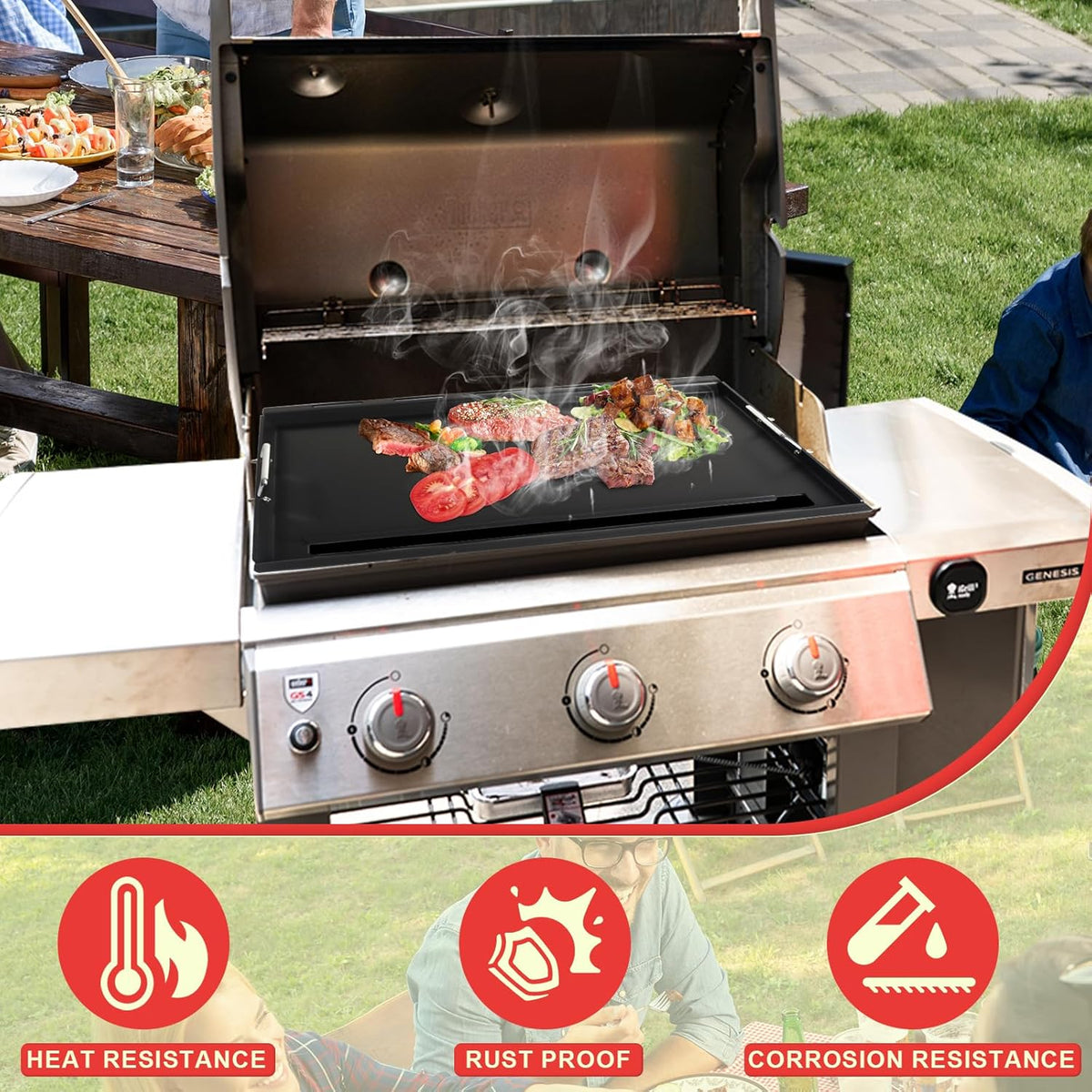 DcYourHome 7524 Griddle Insert for Weber Gas Grill Genesis 300 Griddle Genesis E310 S310 S320 E320 S330 EP320 EP310 EP330 Parts, Carbon Steel Full-Size Flat Top Griddle Plate with Handles, Heavy Steel