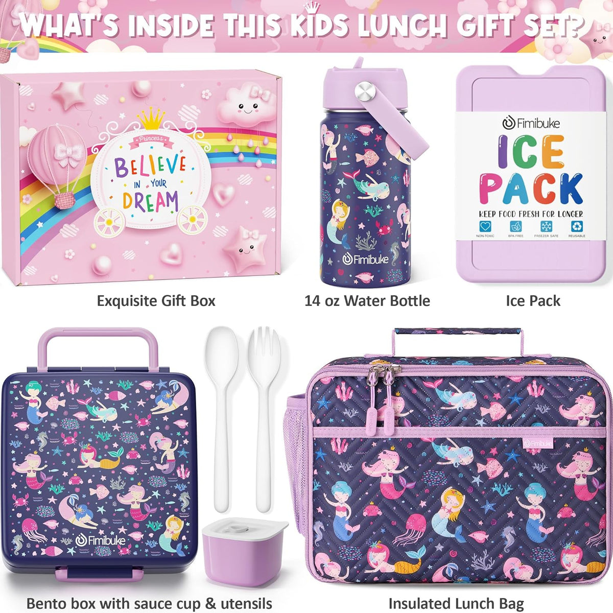 Fimibuke Kids Bento Lunch Box with 4 Compartments, Insulated lunch Bag, Stainless Steel Insulated Water Bottle, Ice Pack & Utensils Set, Birthday Gifts for Ages 3-12 Back to School Toddler Girls Boys
