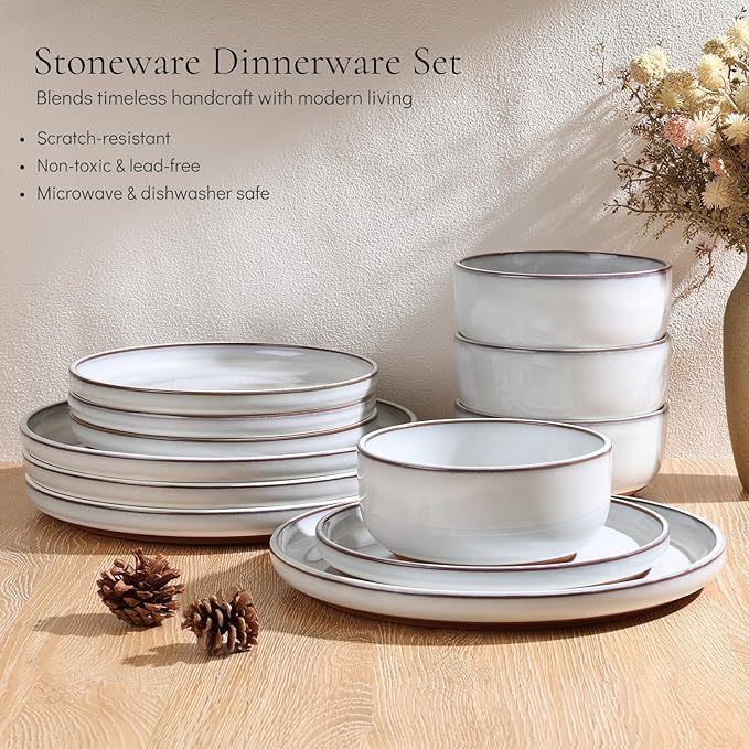 E-far Stoneware Dinnerware Sets for 6, 18 Pieces Reactive Glaze Plates and Bowls Sets, Elegant Dishes with Rustic Terracotta Clay Base, Dishwasher & Microwave Safe, Scratch Resistant, Glacier White