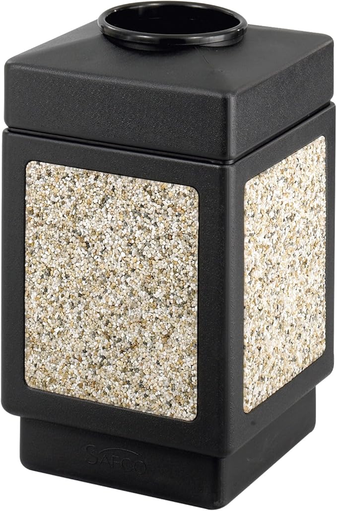 Safco Canmeleon Trash Can, 38 Gallons, Indoor and Outdoor Use, Open Top, Durable & Weather-Resistant Commercial Garbage Can with Stone Panels, Black