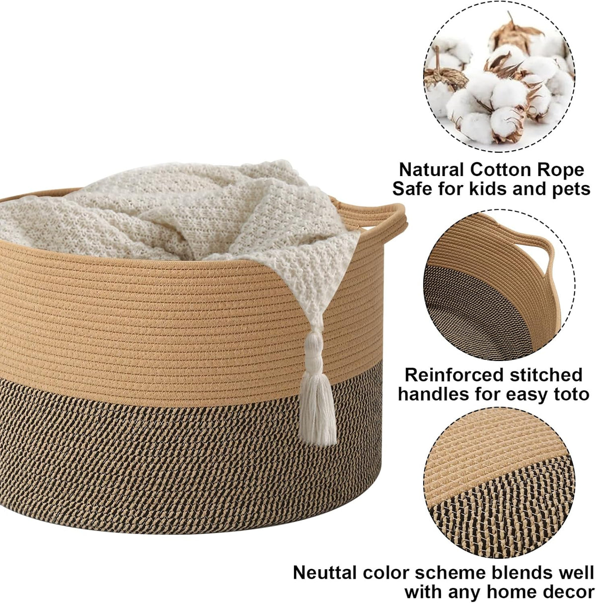 Large Blanket Basket for Organizing,115L Closet Organizers and Storage Bins Box for Shelves Woven Rope Storage Baskets,Living Room,Bedroom,Dorm,Laundry room (Jute&Black)
