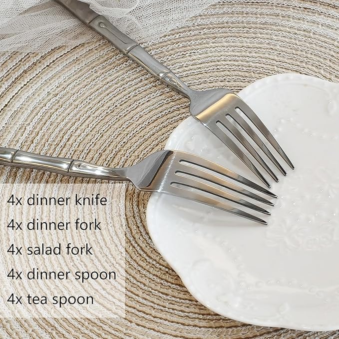 Bamboo 20-Piece Silverware Set, Stainless Steel Flatware Set, Cutlery Set Mirror Polished, Dishwasher Safe, Service for 4