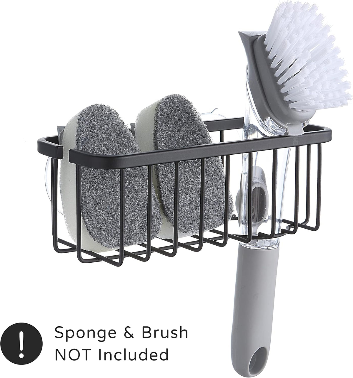 SunnyPoint NeverRust Deluxe Kitchen & Bathroom Sink Sponge Holder Organizer with Adhesive Mount - Additional Suction Cup Included – Sponge & Brush NOT Included – 7.4 x 3.3 x 2.75 Inch, BLK