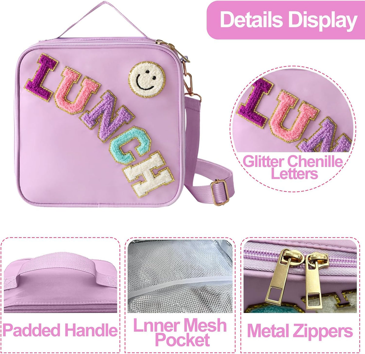 Insulated Lunch Bag With Adjustable Shoulder Strap, Nylon Preppy Lunch Box Large Insulated Lunch Bag Reusable Lunch Tote Bag with Smiley Preppy LunchBag for Girls School Travel Picnic (Purple)