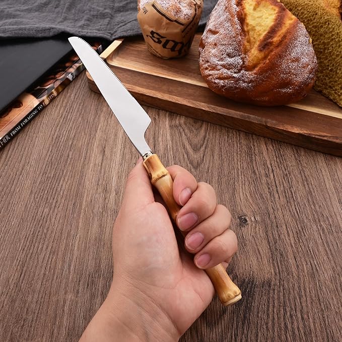 Dinner Knife Set with Bamboo Handle, 8-Piece Stainless Steel Shiny Silver Dinner Knives, Creative Design Table Knives for Home Restaurant, 8.74 inch, Handcrafted