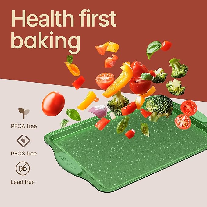 BAKKEN Kitchen Baking Pan Set - Nonstick Green Marble Coating, Carbon Steel Bakeware Sets with Green Silicone Handles, Kitchen Essentials, PFOA, PFOS, PTFE Free, Oven Safe (Up To 450° F), Set of 6