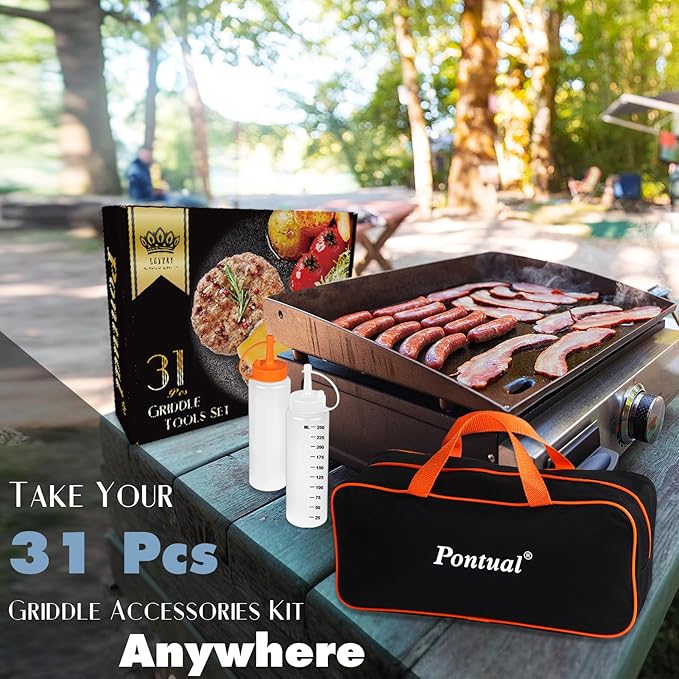 31PCS Griddle Accessories Kit for Blackstone, Flat Top Hibachi Grill Spatula Set with 2 Melting Domes, Burger Press, Patty Maker and Apron, Professional Teppanyaki Tools Gifts for Outdoor BBQ