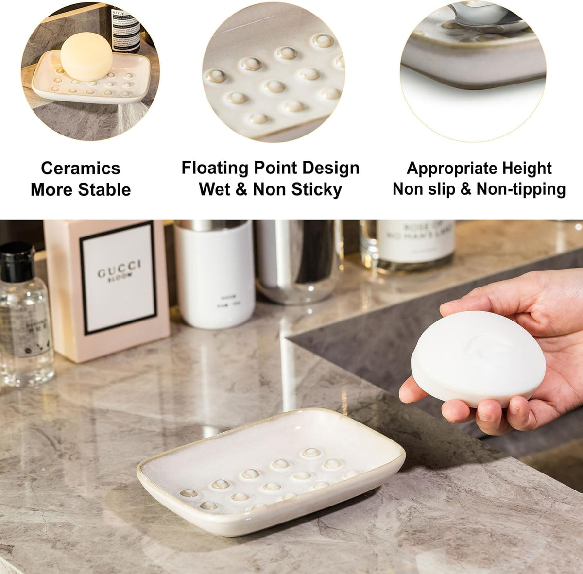 Soap Dish for Shower, Ceramic Soap Dish Non-Slip Soap Holder Bar Saver Tray for Bathroom Kitchen Sink, Floating Point Design Save Soap Loss
