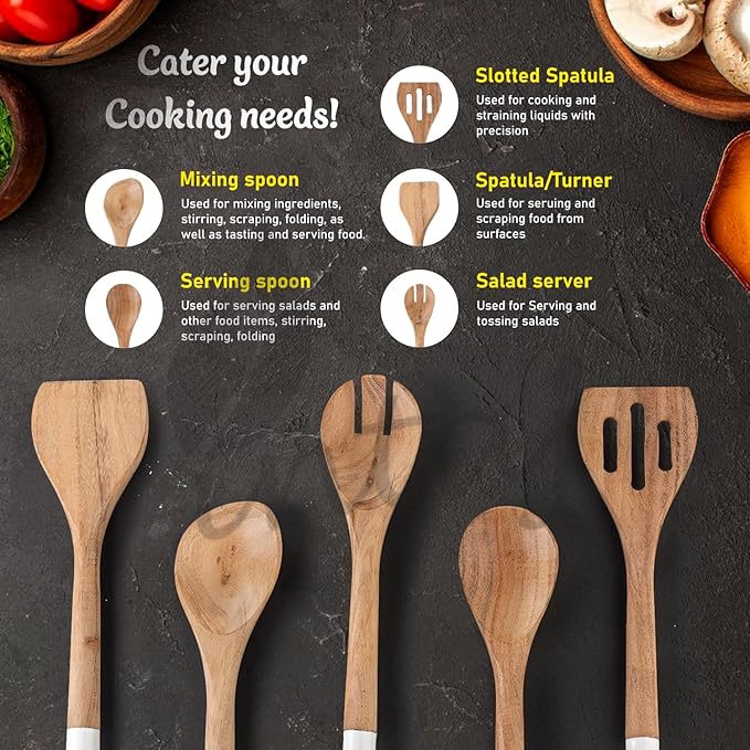 INTAJ Wood Kitchen Utensil Set – Handmade Wooden Spoons & Spatula for Cooking and Serving 5-Piece Acacia – Durable, Smooth Surface & Gentle on Cookware – Easy to Clean Kitchen Tools