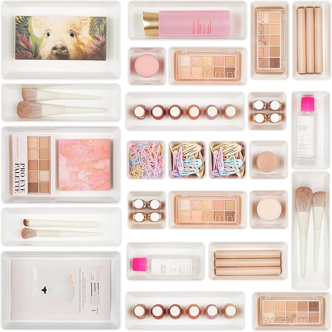 Vtopmart 25 PCS Plastic Drawer Organizers Set, 4-Size Versatile Bathroom and Vanity Drawer Organizer Trays, Storage Bins for Makeup, Bedroom, Kitchen Gadgets Utensils and Office