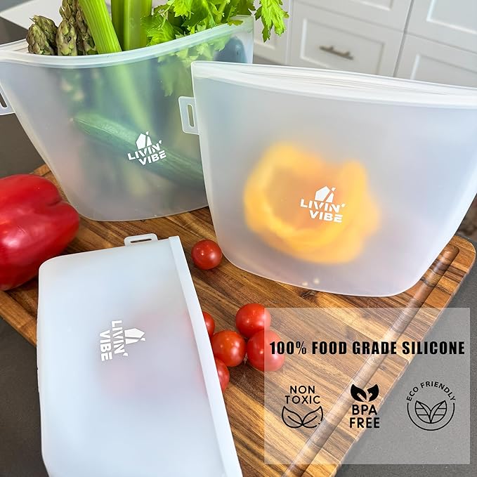 Reusable Silicone Food Storage Bags – Set of 4 Multicolor (500ml/17oz, 1000ml/34oz, 1500ml/51oz, 2000ml/68oz) – Leakproof, Freezer, Microwave, Oven & Dishwasher Safe, BPA-Free