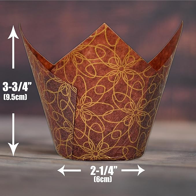 (JUMBO Large size) Brown Golden pattern Tulip Baking Cups 2-1/4"(Base diameter) x 3-3/4"(Wall height) Greaseproof paper Muffin liners, Case of 130 pcs