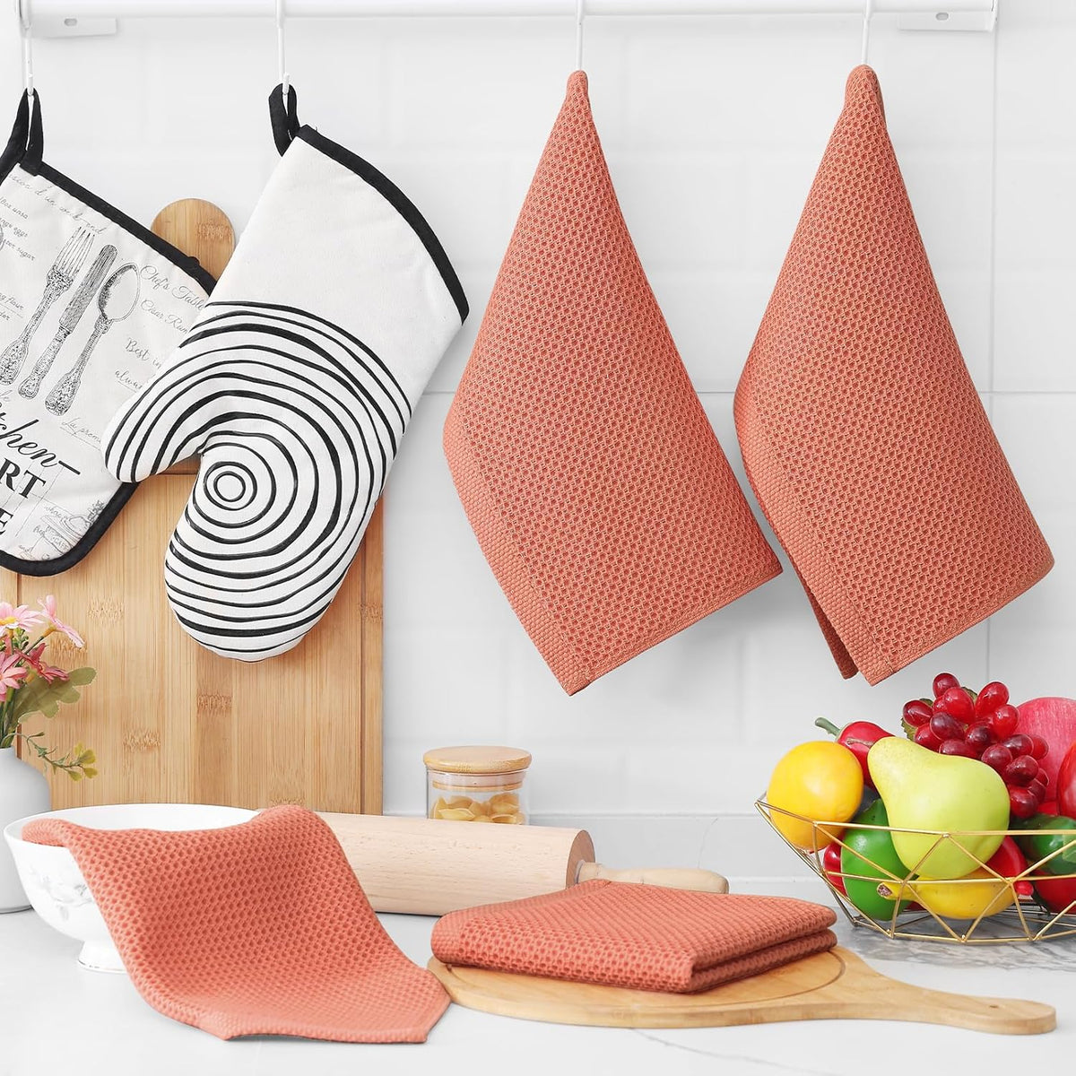 Homaxy 100% Cotton Waffle Weave Kitchen Dish Cloths, Ultra Soft Absorbent Quick Drying Dish Towels, 12 x 12 Inches, 12-Pack, Coral