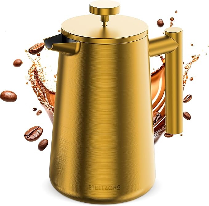 French Press Coffee Maker, Stainless Steel French Press, 34 Oz / 1L, Large Insulated Double Wall Coffee Maker with 3 Extra Mesh Filters, Satin Finish, Gold