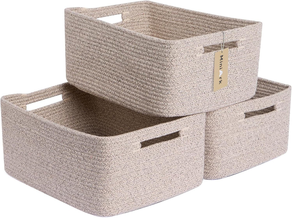 Large Storage Baskets for Shelves, Closet Organizers Bins for Clothes Blanket Towels, Baby Nursery, Toy Baskets Box, Woven Rope Baskets, 17 x 13 x 7.5”, 3 Packs Mixed Brown