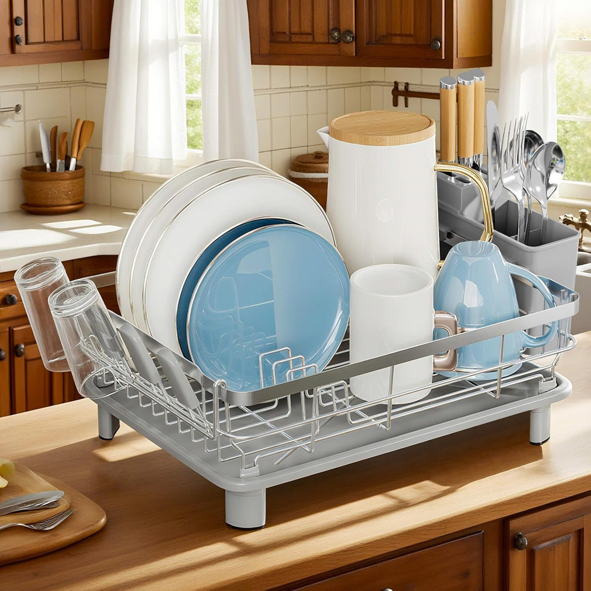 MOUKABAL Dish Drying Rack - Stainless Steel Dish Rack, Dish Racks for Kitchen Counter, Drying Rack Kitchen with Removable Utensil Holder, Drainboard and Glass Organizer (Grey)